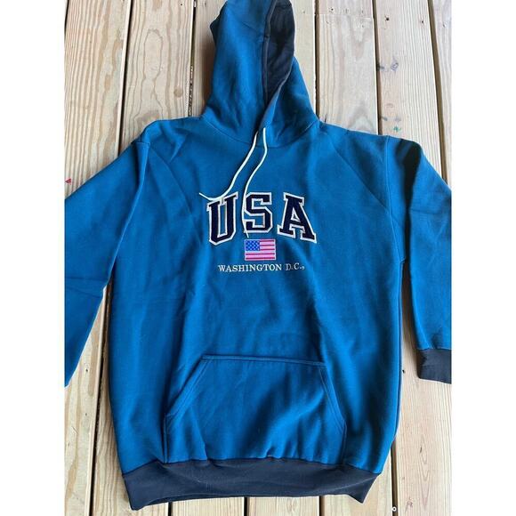 Washington D.C. Pullover Hoodie Sz. XL Velvet Embroidered. Teal/black. USA Flag. - Picture 2 of 7